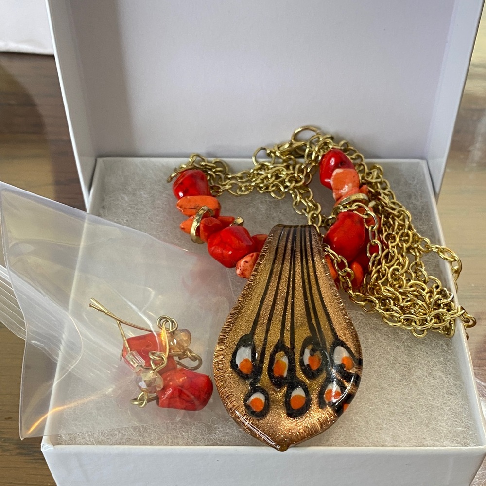 50% off with bundle Red Coral Pendant Necklace and Earrings Set